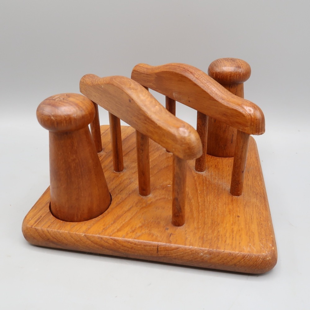 Vintage MCM Pepper and Salt Shaker in Wooden Napkin Holder Lord + Taylor Picnic